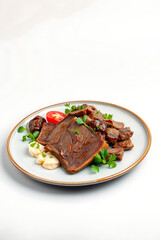 Gourmet Roast Beef Slices on Rice with Herb Garnish