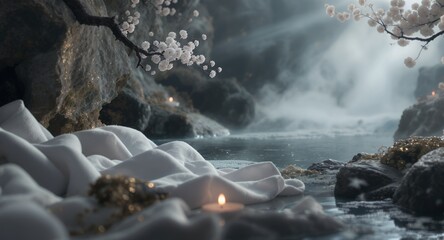 Serene Spa Scene with Cherry Blossoms and Candlelight