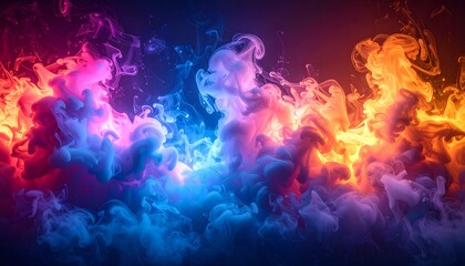 Vibrant, swirling clouds of colorful smoke, transitioning through shades of blue, pink, and orange against a dark backdrop