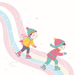 Two happy children ice skating together on a pastel colored ice rink with gentle snow falling around them enjoying winter fun