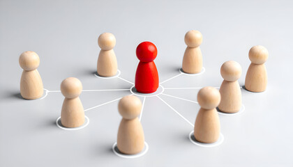 Red wooden figure surrounded by wooden people connected by lines, symbolizing leadership, teamwork, and communication.