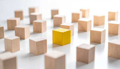 Obraz premium Unique yellow cube in crowd of wooden blocks, symbol of originality, vision, and distinction.