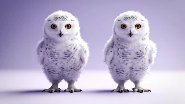 Two fluffy white snowy owl chicks stand on a smooth lavender background Each has yellow eyes and dark claws
