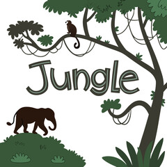Whimsical jungle scene with elephant and monkey amidst lush greenery and the word jungle