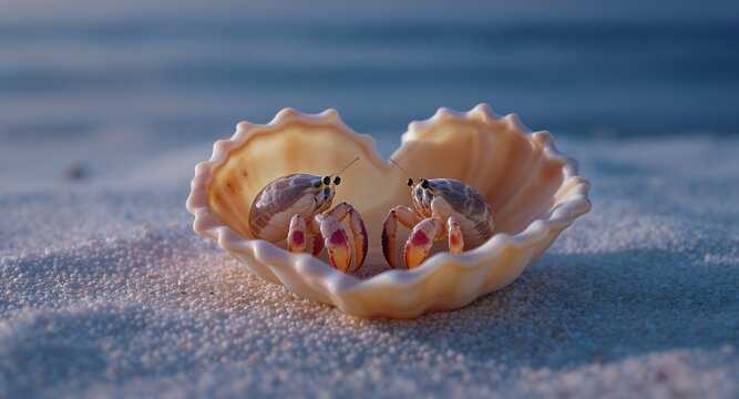 Two tiny crabs within a shell, on the beach sand