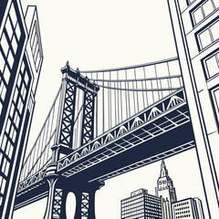 Iconic manhattan bridge viewed from below with surrounding skyscrapers in a graphic minimalist style with dark blue lines on a cream background