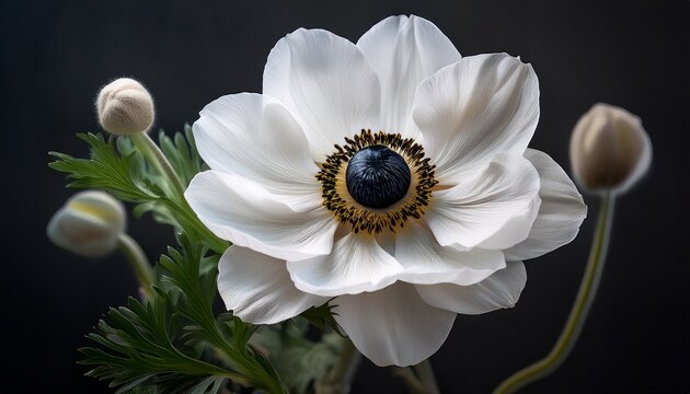 Exquisite Closeup Of A White Anemone With A Striking Black Center A Detailed Botanical Study