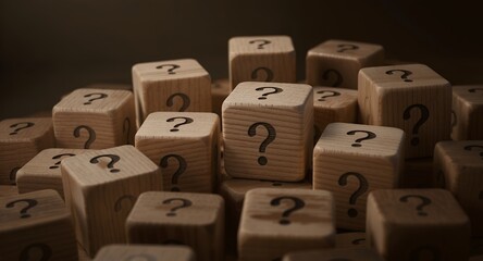 Wooden Cubes with Question Marks Concept of Mystery and Inquiry