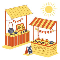 Charming illustration of two outdoor market stalls displaying baked goods and crafts under a bright sunny sky perfect for summer festival themes