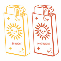 Two stylized tarot card boxes one yellow with a sun and the word sunlight the other orange with a sun and the word moonlight set against a white background