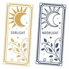 Sunlight and moonlight celestial duo featuring sun and crescent moon symbols with botanical elements and stars in decorative frames