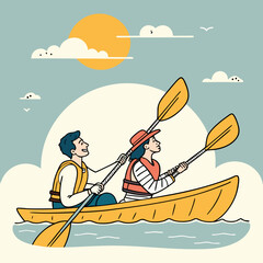 Couple enjoys a sunny day kayaking together on the water paddling in a yellow canoe under a bright sun and fluffy clouds with birds flying in the sky
