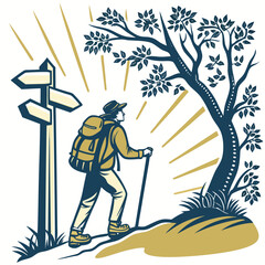 A lone hiker with a backpack and walking stick pauses at a crossroads signpost bathed in golden light from the sun symbolizing adventure and choice