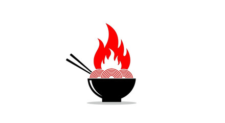 Fiery bowl of spicy Asian food with meatballs and chopsticks. A simple, modern vector icon perfect for a restaurant logo or food blog design