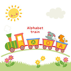 Cute cartoon alphabet train with happy animals and smiling sun on a sunny day with flowers and clouds perfect for children s education and learning