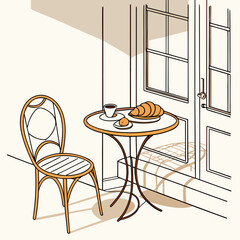 A charming illustration of a parisian cafe scene with a wrought iron chair and table set for breakfast with coffee and croissants outside a building
