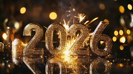 Golden 2026 numerals with sparkler and champagne bottle against blurred lights, marking the arrival of new year