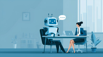 AI driven robotic process automation AIRPA. Artificial intelligence agent and intelligent automation IA technology. Businessman using laptop computer to give instructions to AI at desk in office. 