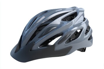 Fototapeta premium A gray bicycle helmet with aerodynamic design and ventilation holes. Ideal for cycling safety and sports gear.