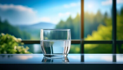 Obraz premium A Glass Of Water On Glass Table With Blurred Background