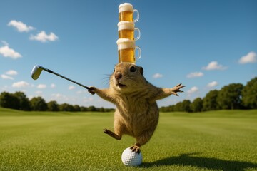 Funny gopher balancing beers on head while golfing. Use for humor, sports, bar promotions, and lifestyle marketing.
