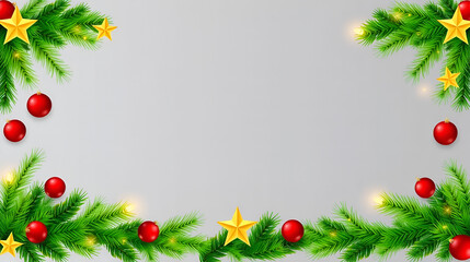 Border with green fir branches, gold stars, red balls, lights isolated on transparent background. Pine, xmas evergreen plants seamless banner. Vector Christmas tree garland decoration