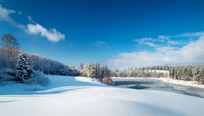 A Snow Covered Field Slopes Down Towards A Cluster Of Trees And A Partially Frozen Pond Under A Vast Blue Sky Dotted With Fluffy White Clouds
