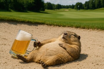Gopher lying relaxed in sand bunker holding beer with contentment. Perfect for vacation marketing, golf resort amenities, relaxation therapy services, and stress management campaigns.