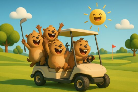 Four happy gophers riding in golf cart on sunny course day. Perfect for golf course group packages, family outing promotions, corporate team building events, and recreational facility marketing.