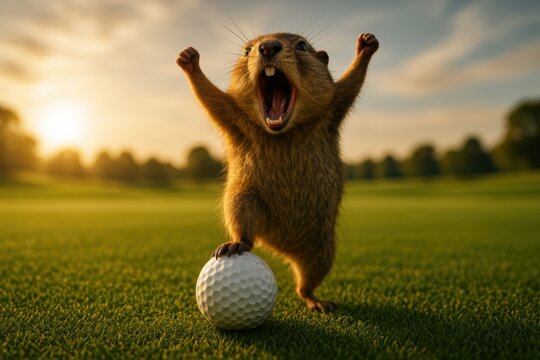 Triumphant gopher celebrating championship victory with raised fists. Great for victory marketing, championship promotions, success stories, and motivational advertising.