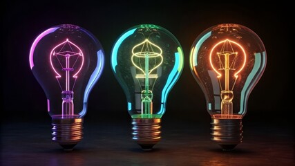Colorful Glowing Vintage Light Bulbs with Neon Filament on Dark Background.