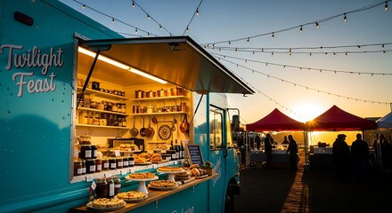 Fototapeta premium Twilight Feast Food Truck – Sunset Market Vibes & Festive Flavors