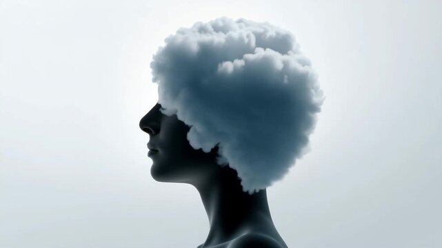 Silhouette of human head filled with clouds symbolizing mental fog confusion and emotional overload in abstract psychological concept.