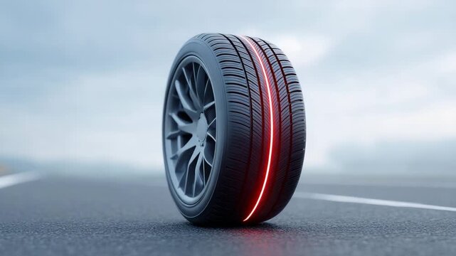 Car tire black rubber with modern tread and glowing red line or stripe standing upright asphalt road, futuristic design and innovative transportation technology concept dramatic outdoor atmosphere