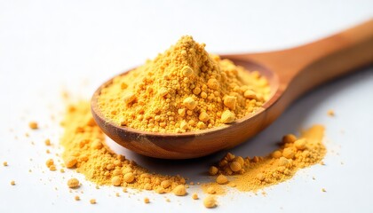 Close up shot of yellow powder in a wooden spoon with some powder spilled on a white surface