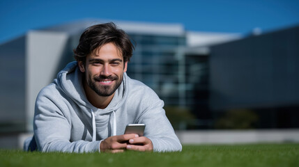 Young man relaxing on grass while using a smartphone outdoors