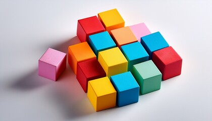 Colorful Cubes Of Varying Sizes Are Scattered And Stacked On A White Surface