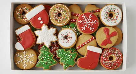 Overhead shot of a box filled with christmas themed cookies decorated with icing and sprinkles