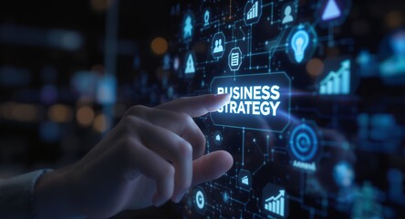 Fototapeta premium Business Strategy Concept Finger Pointing at Futuristic Interface
