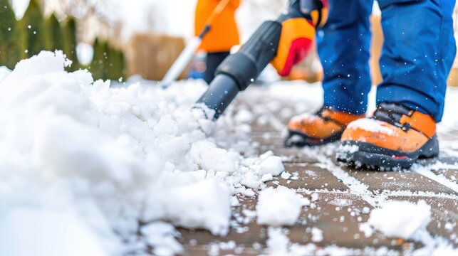 Person in winter boots using a powerful electric blower to clear fresh snow from a residential paved pathway, showcasing efficient winter cleanup. - Powered by Adobe