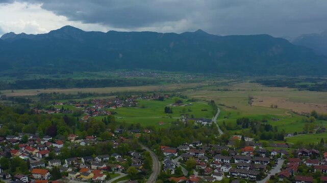 Aerial view of the city Murnau am Staffelsee in Germany, Bavaria on a sunny spring day 