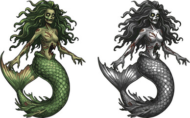 Zombie mermaid illustration, undead sea creature with scary face, creepy horror siren artwork, spooky ocean monster character, fantasy Halloween design art