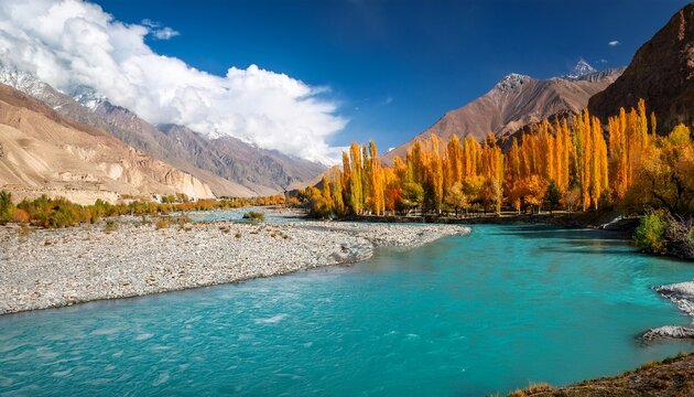Autumn Scene Blue Turquoise Water Of Gilgit River Flowing Through Gupis Ghizer Gilgit Baltistan Pakistan