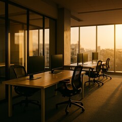 Contemporary tech office bathed in golden light—perfect for innovation and digital business concepts.