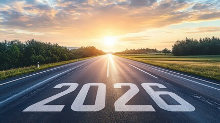 The year 2026 painted on an asphalt road leading to the horizon with a bright sunrise ahead