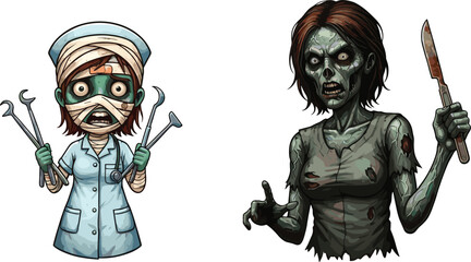 Zombie nurse character, scary undead woman, creepy horror doctor, spooky hospital staff, haunted medical worker, gothic monster, frightening undead nurse illustration artwork