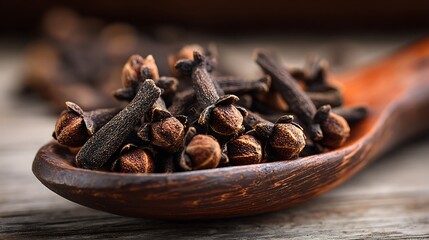 Obraz premium Dried Cloves Spice in Wooden Spoon, CloseUp Shot on Rustic Wooden Background