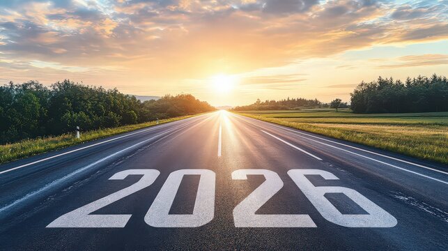 The year 2026 painted on an asphalt road leading to the horizon with a bright sunrise ahead
