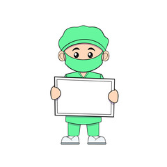 Surgeon wearing a green uniform and a green mask, and hat, holding a white sign job clip art