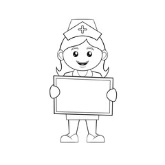 Nurse wearing a hat with a cross holding a board job, career, occupation clip art hand drawn black and white